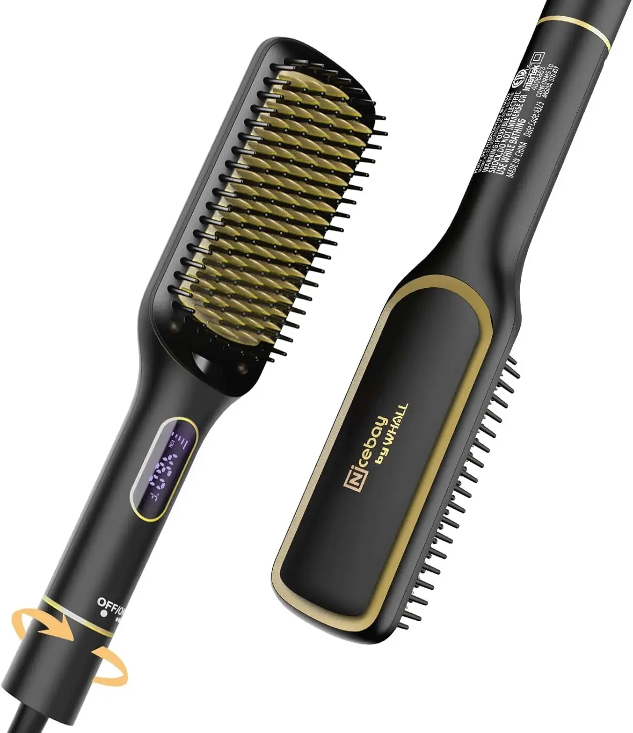 Hair Straightener Brush with Rotatable Temperature Adjustment, 6 Temp Settings, Auto-Off, Led Display, Negative Ion Tech