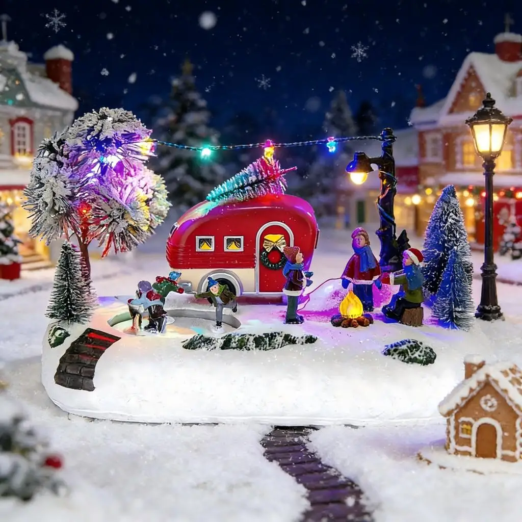 Animated Christmas Camper Village Building LED Light House Scene Collection Indoor Decoration for Table Fireplace Christmas Tree