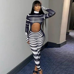 Sexy Zebra Print Navel Jumpsuit Fitness Women Long Sleeve Hollow Out Zipper Sporty Casual Skinny Activity One Piece Rompers