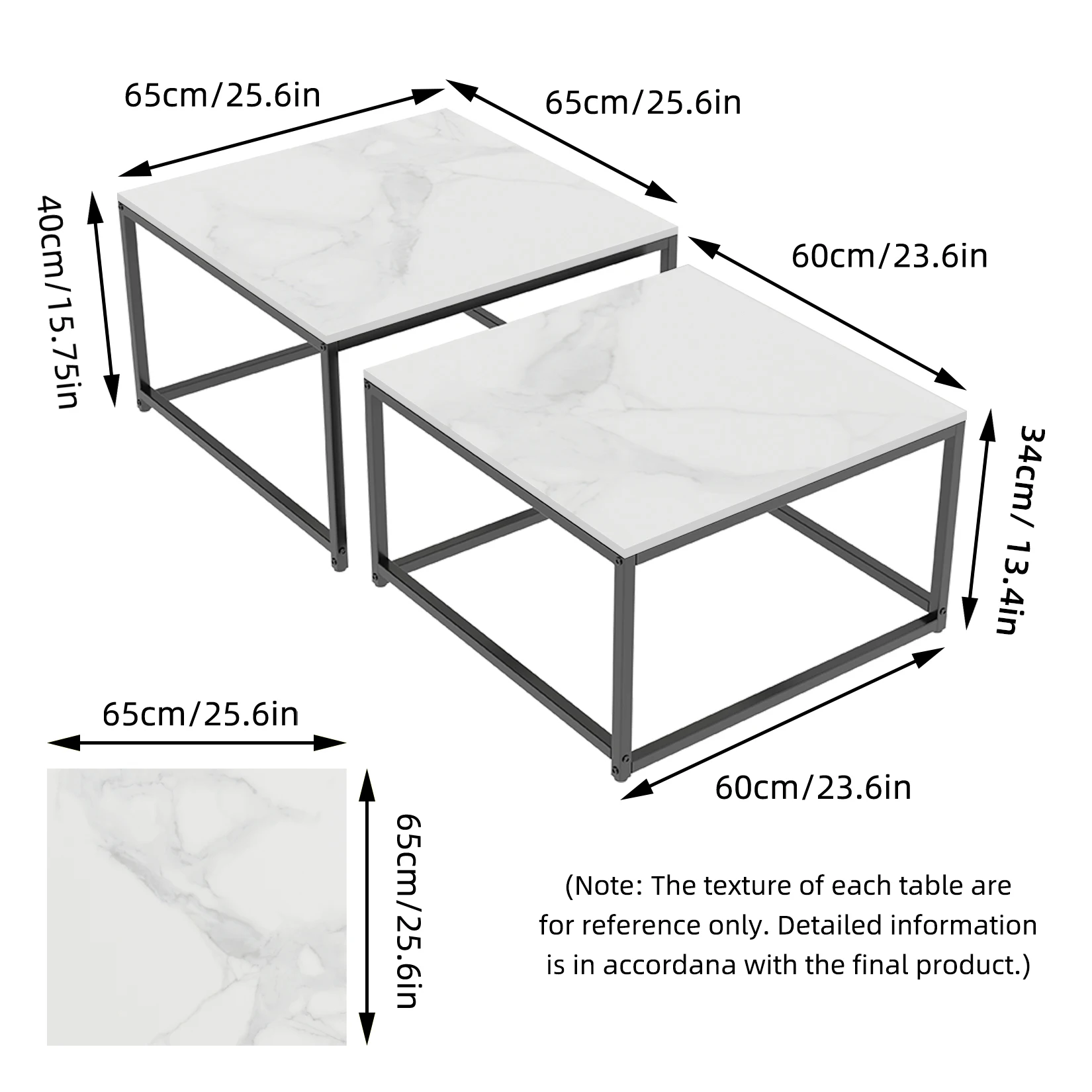 Square Marble Nesting Coffee Table Set of 2 Living Room Display End Side Accent Tables Occasional Set