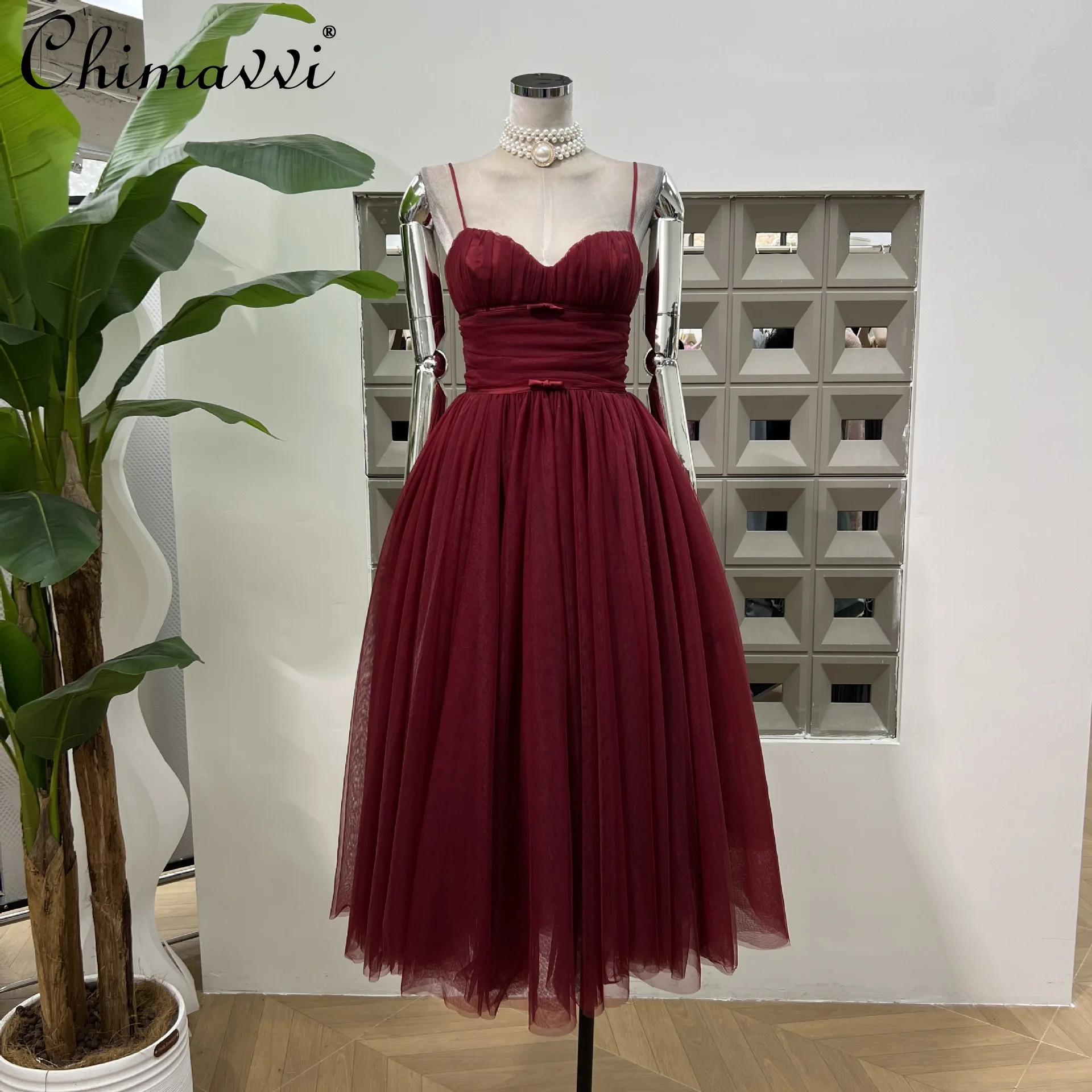 

French Elegant Socialite Evening Dresses Sleeveless Backless V-Neck High Waist Slim Mesh Splicing Fluffy Long Dress Women Summer