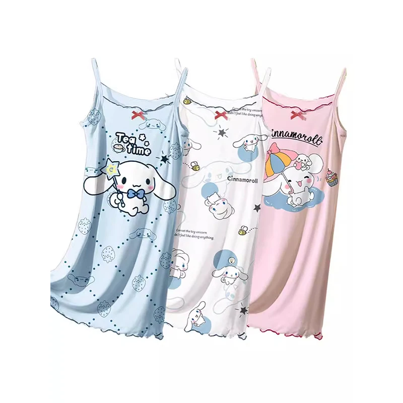 

2024 New Cinnamoroll Summer Strap Thin Girls Nightdress Kawaii Sanrio Anime Kuromi Children Princess Pajamas Gift for Kids