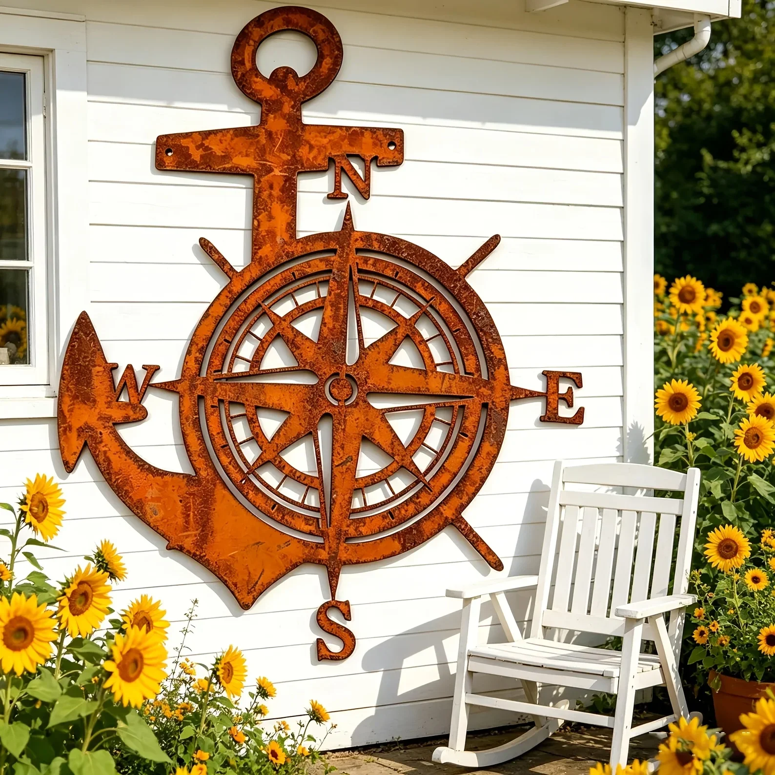 【2D Flat】Rusty Anchor Compass Metal Wall Decor – Nautical Coastal Farmhouse Sign – Yard & Garden Art – Great Gift
