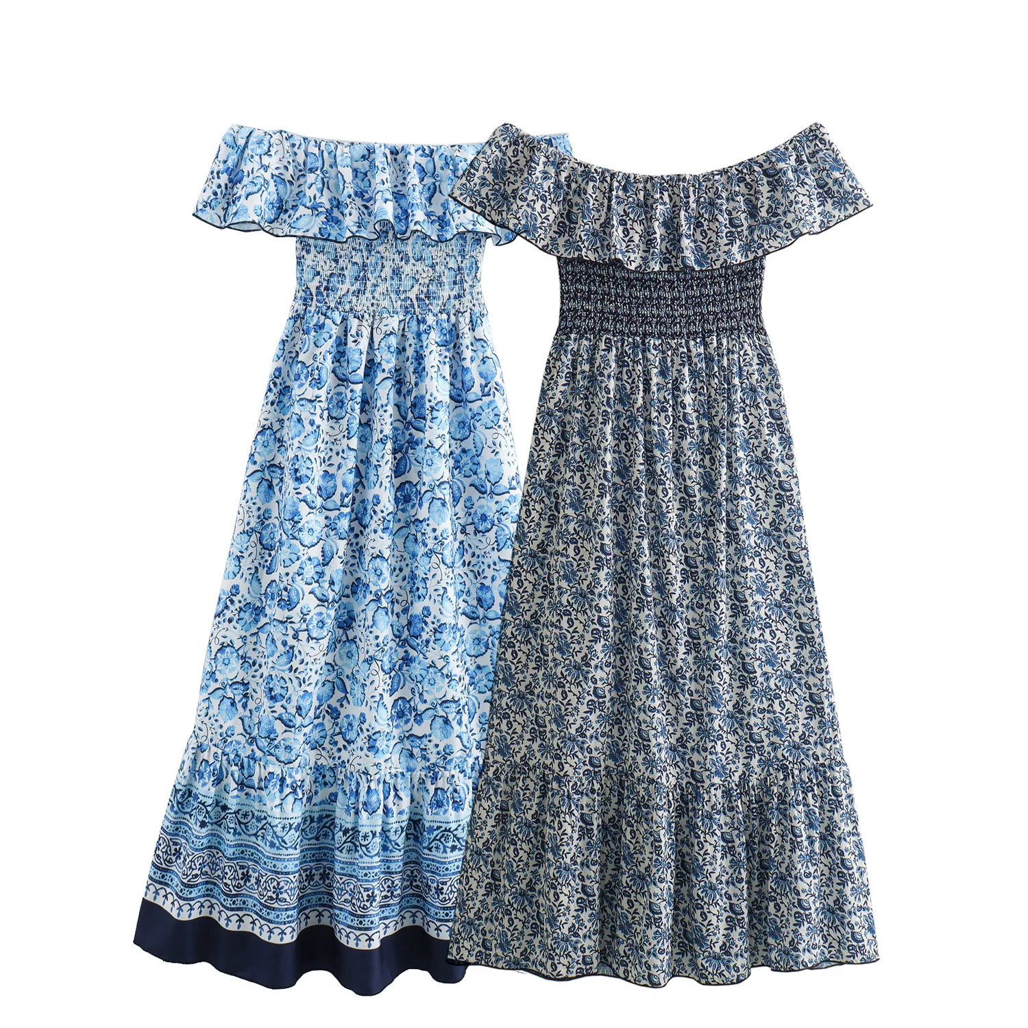 

Women's New Fashion Elastic Waist Design Loose Off Shoulder Printed Midi Dress Retro Sleeveless Backless Women's Dress