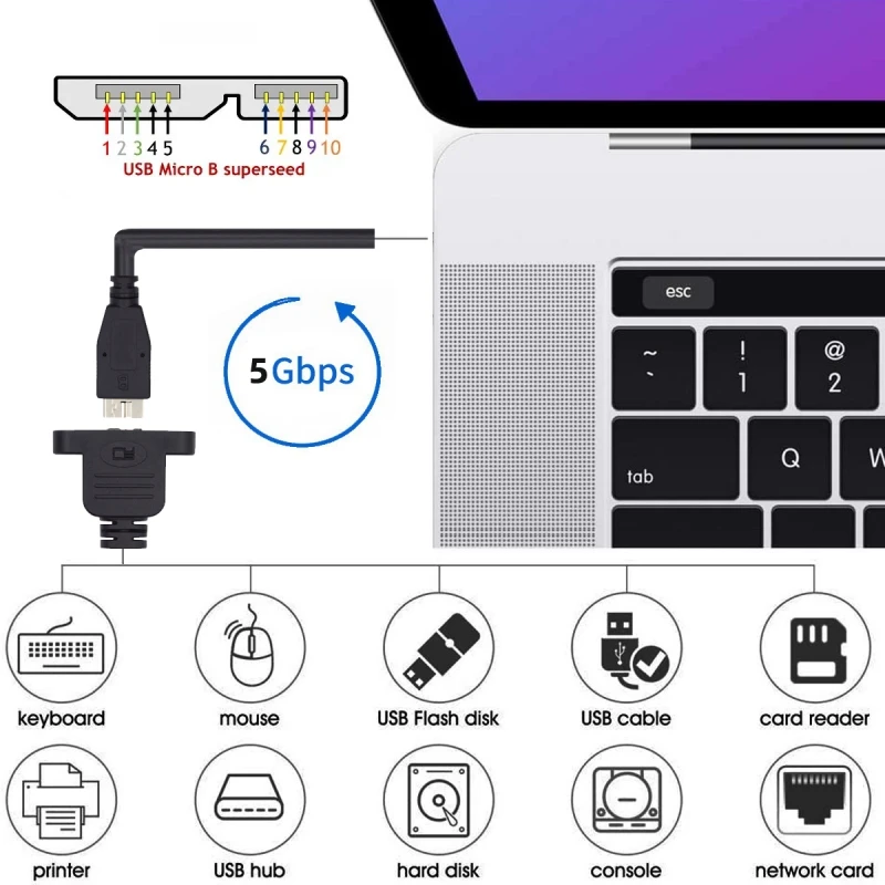 Zihan Type-B USB 3.0 Male to Micro 3.0 Type-B Female Screw Mount Type Extension Cable 5Gbps