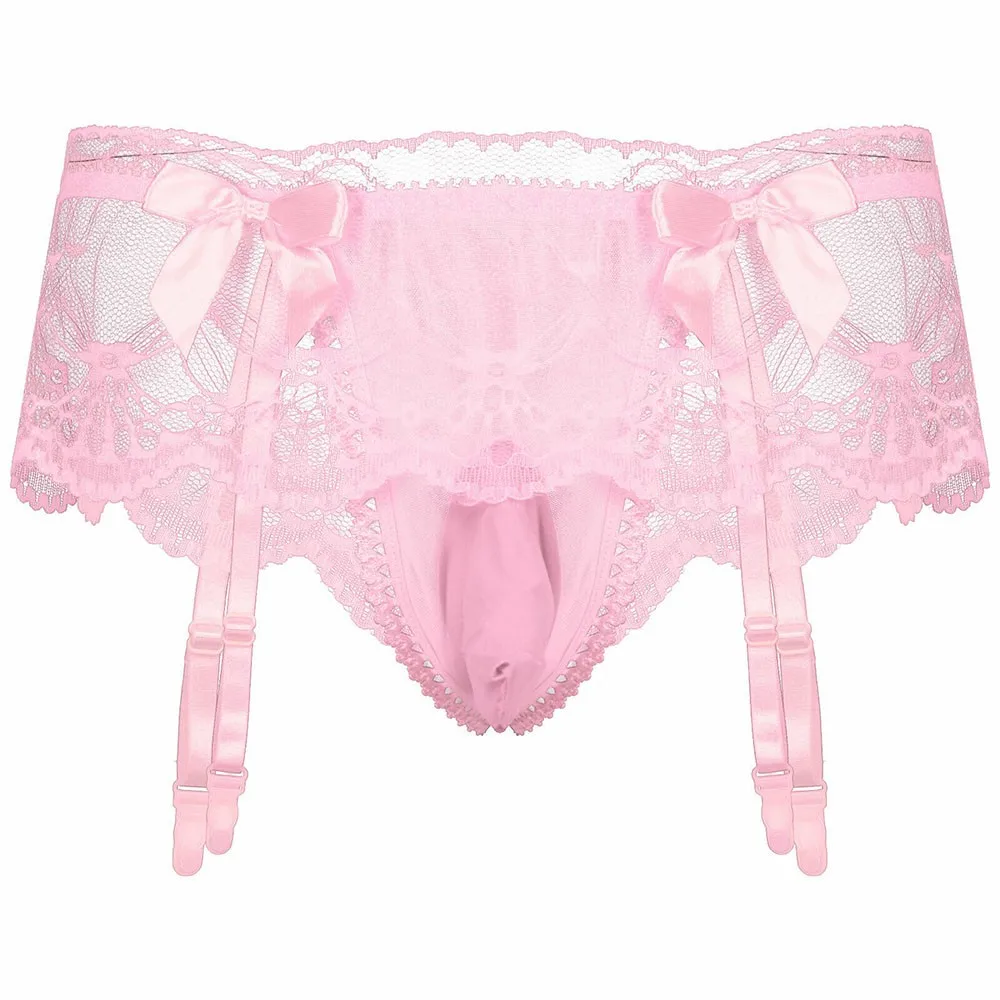 Mens Sexy Sissy Lingerie U Shape Pouch Panties Underwear See Through Lace Briefs With Garter Sexy Lace Breathable G-String