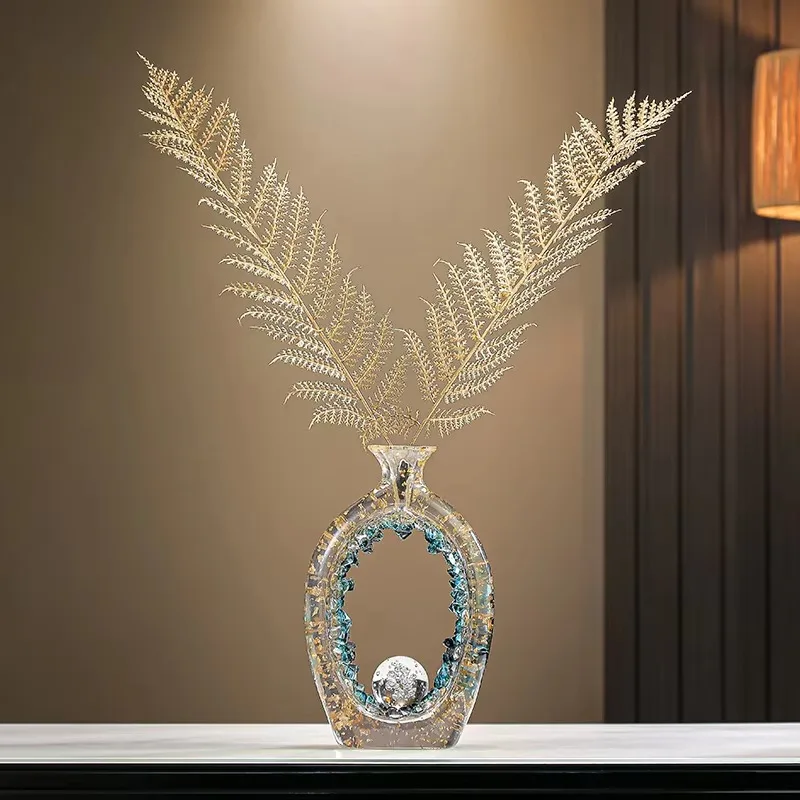 Hollow Oval Vase Tabletop Decor Transparent Grain Inlay Spherical Accent Fern Foliage Matching Display Craft Thin Narrow Neck