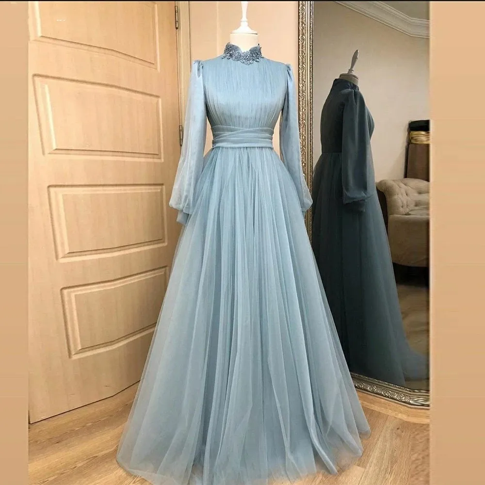 

Customized Muslim Prom Dresses Applique High Neck Puff Long Sleeves Modest Islam Formal Women Evening Gowns Wedding Guest