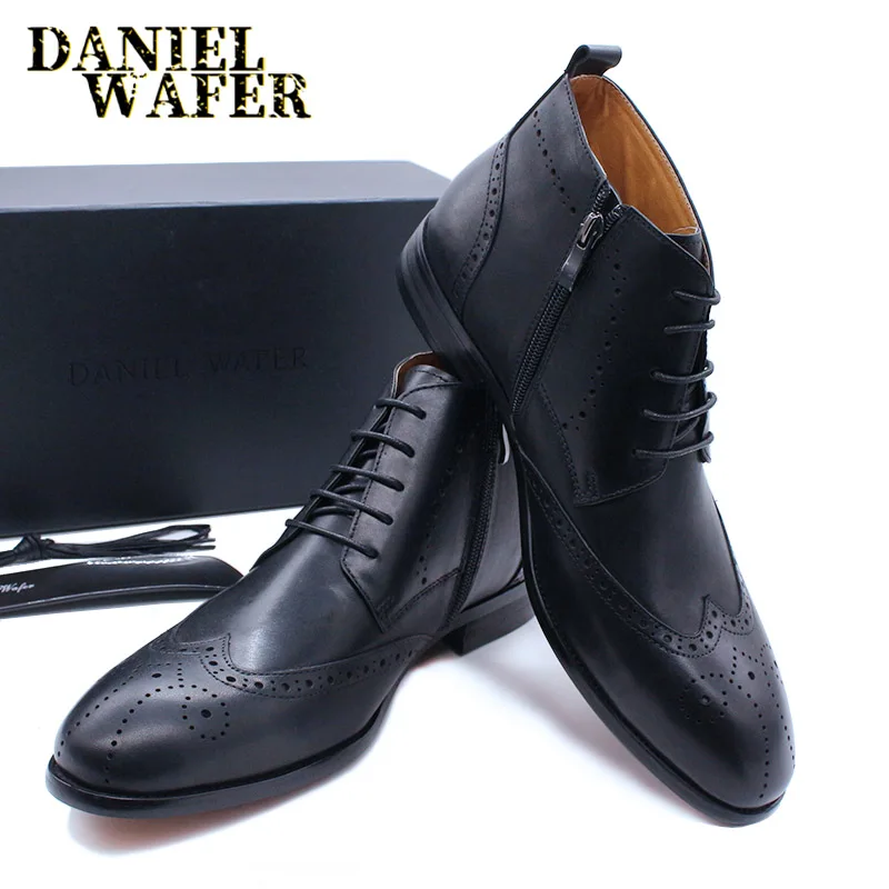 Handmade Men Ankle Boots Casual Leather Shoes Western Cowboy Boots Black Brown Wingtip Lace Up Wedding Office Dress Boots Men