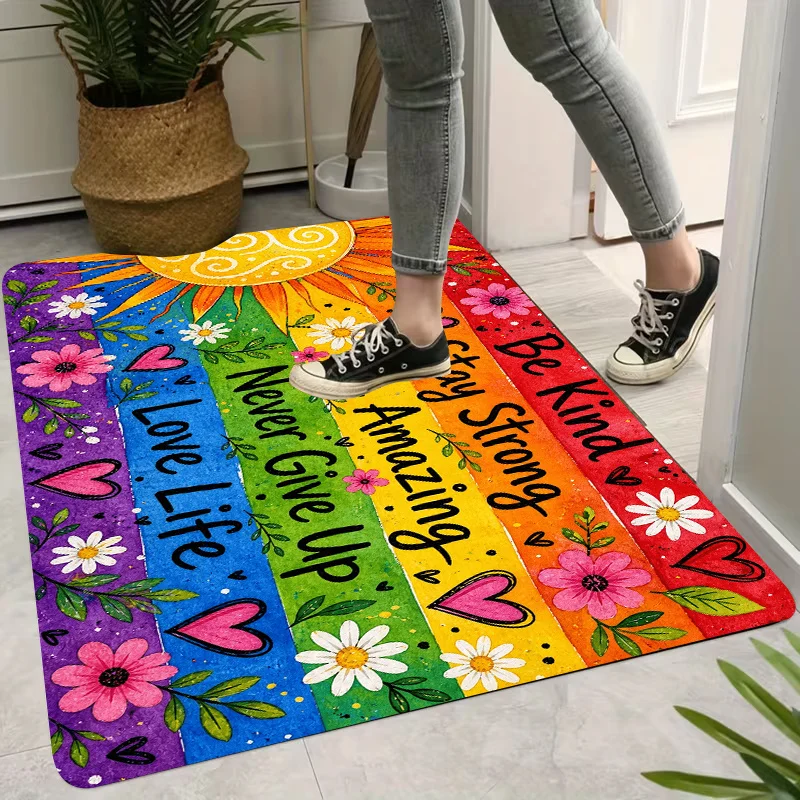 Rainbow Floral Inspirational Slogan 2D Flat Print Non Slip Washable Rug Mat For Entrance Hallway Bathroom Porch Home Decor