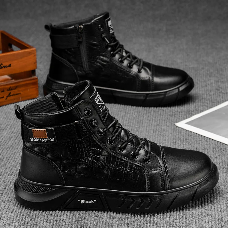 Men's Chelsea Boots British Style High Top Solid Color Comfortable Work Boots Fashion Outdoor Casual Shoes Lace-up Ankle Boots