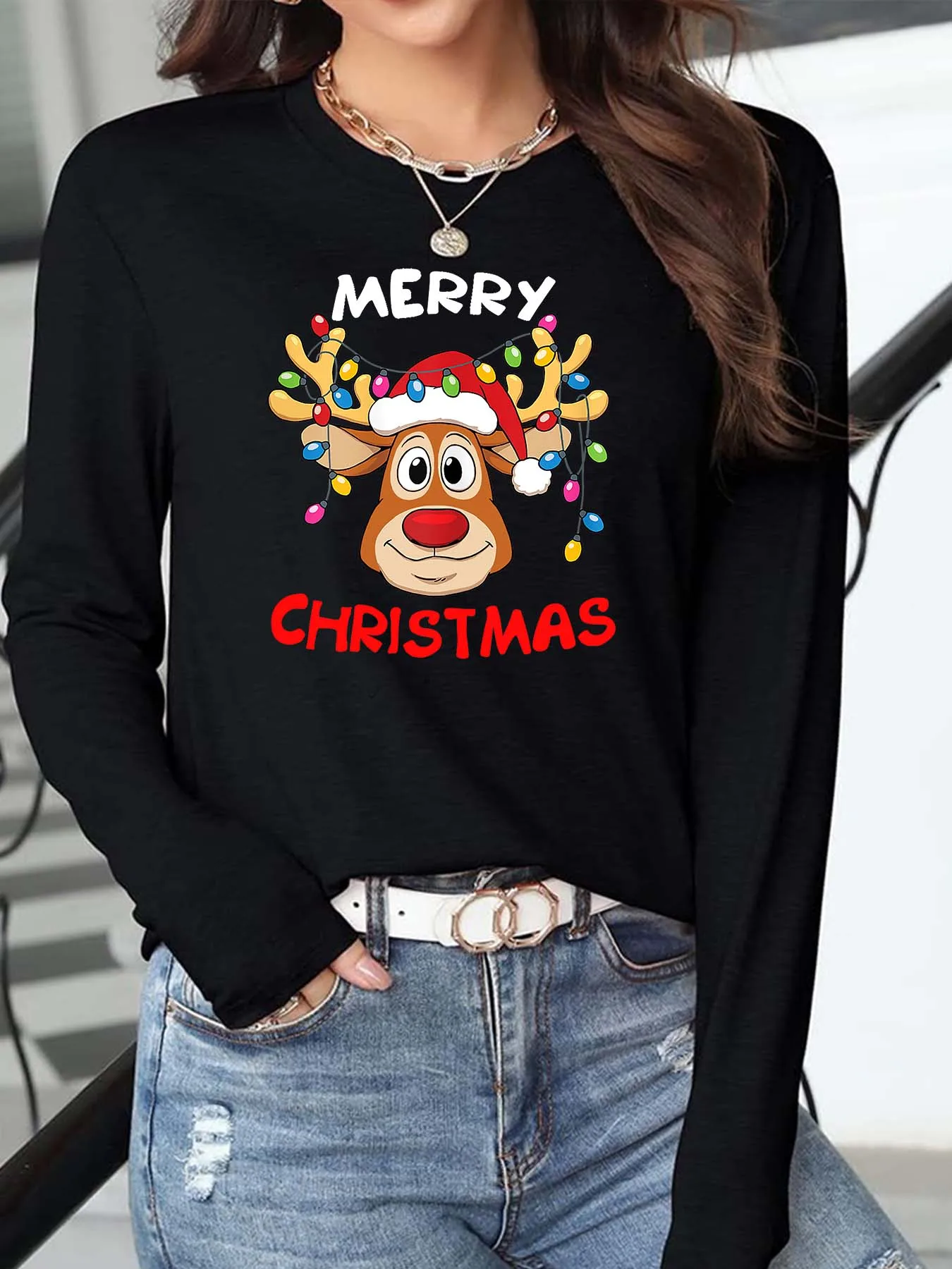 Regular size Women's short sleeve T-shirt Cute Christmas lights moose print, round neck, multiple colors, sizes S to 2XL