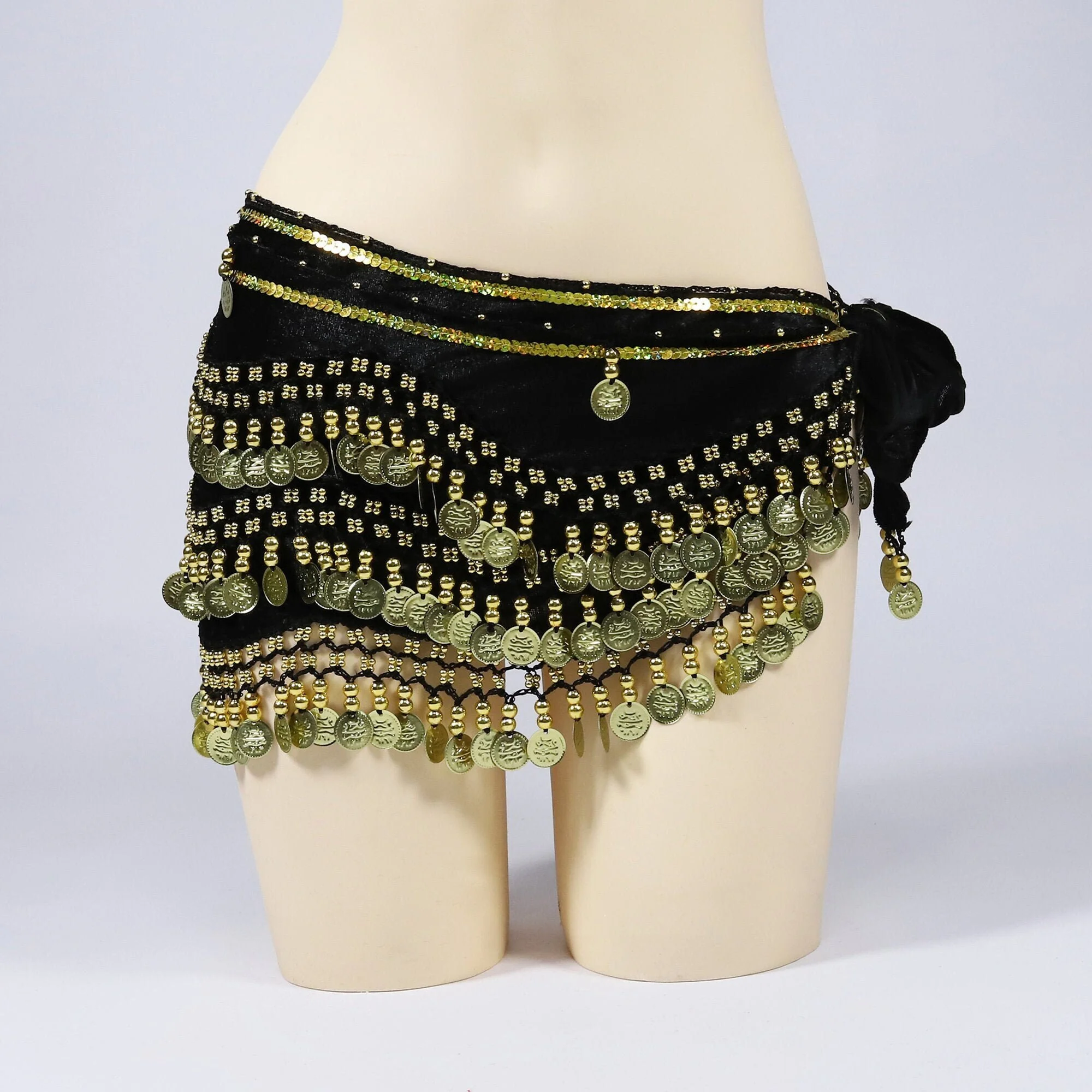 ผู้หญิงคลาสสิก Belly Dance สะโพกผ้าพันคอลูกปัดเข็มขัดกํามะหยี่ Shimmy เหรียญเข็มขัดเริ่มต้น Bellydancer อุปกรณ์เสริมกระโปรงสั้น