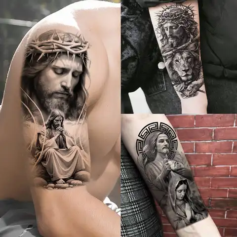 1 Sheet Realistic Jesus Holy Mother Pray Temporary Tattoos For Men Women Adults Long Lasting Waterproof Temp Fake Tattoo Sticker