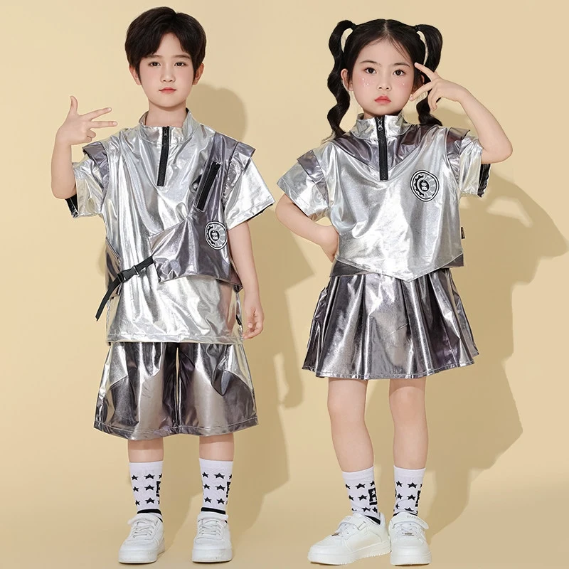 

Future Sense Silver Costume Children Jazz Hip Hop Dance Costume Short Sleeves Tops Skirt Shorts Performance Suit Summer BL19073