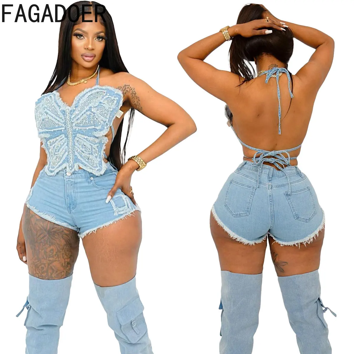 

FAGADOER Y2K Sexy Denim Shorts Outfits Women Diamond Butterfly Halter Crop Top+High Waist Shorts Two Piece Set Summer Streetwear