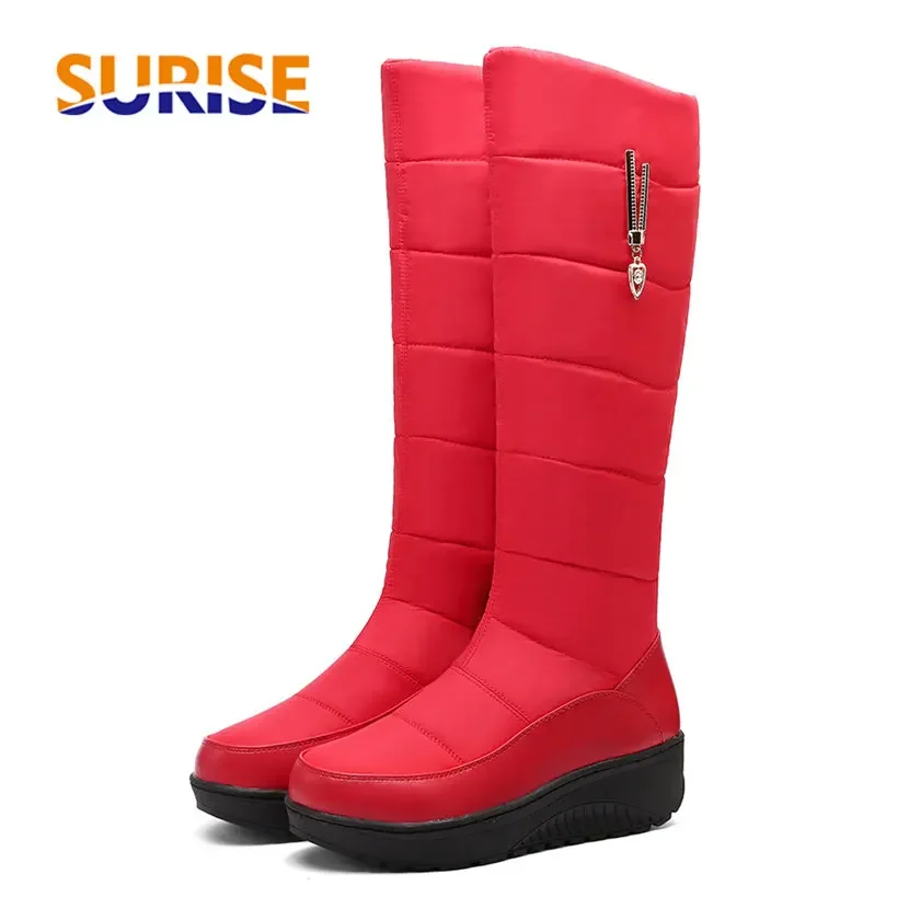 

Crystal Pendant Warm Plush Women Platform Snow Boots Round Toe Red Blue Black Down Dress Korean Lady Wedge Zipper Mid-calf Boots