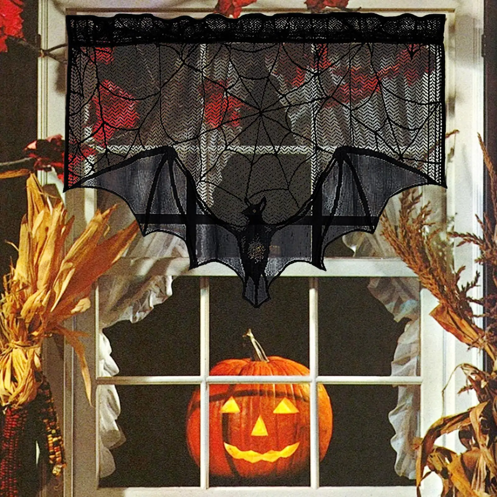 Halloween Window Valance Black Lace Spider Web Cobweb Spiderweb Fireplace Scarf for Door Shop Bathroom Scary Movie Night Holiday