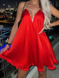 OMSJ Satin Sexy Stunning Suspenders Chain Connection A-line Mini Dress 2024 Date Club Outfits Hollow Out V-neck Ruffles Sundress