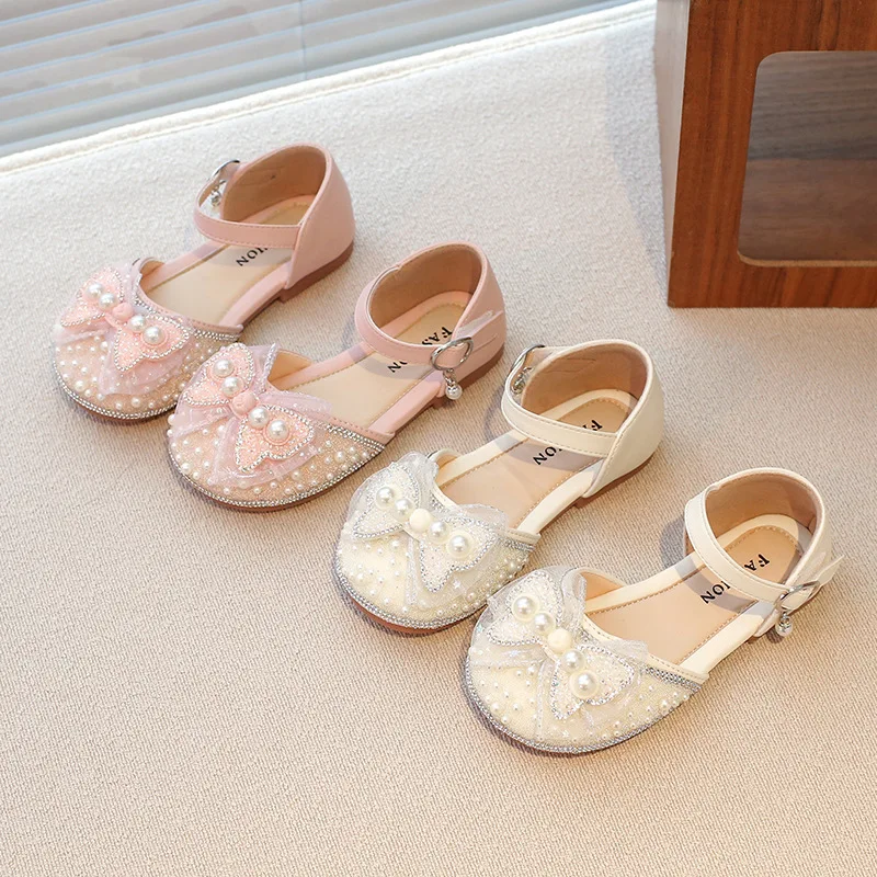 Girls' Sandals 2025 Summer New Children's Casual Shoes Kids Flats Princess Bow Rhinestones Hollow Soft Soled Performance Shoes
