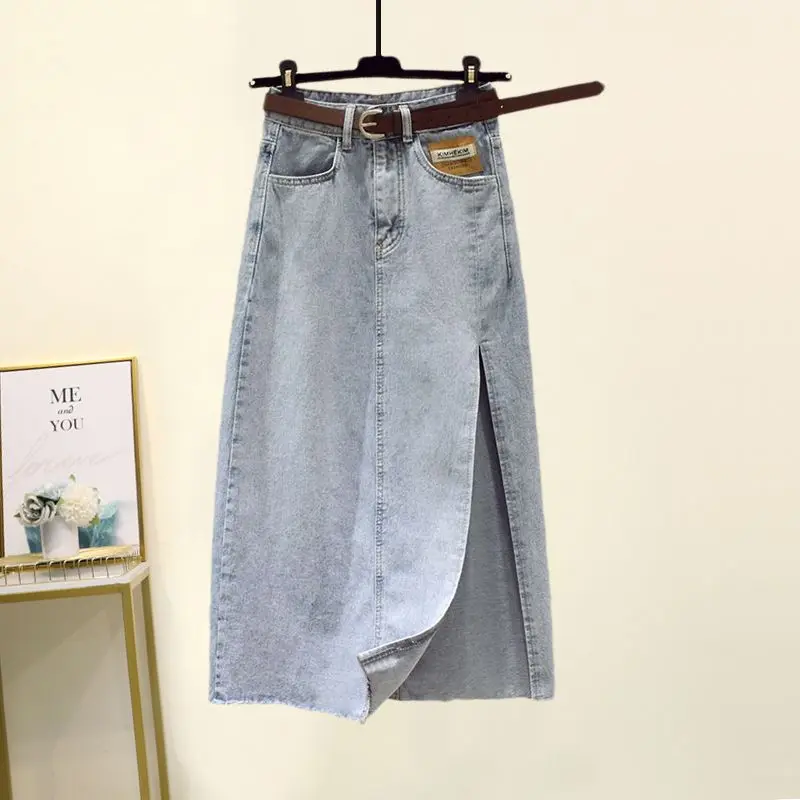 2023 New Korean Fashion A-Line Solid Color Denim Skirt Women\'s Clothing Summer Vintage High Waist Split Midi Skirts for Female