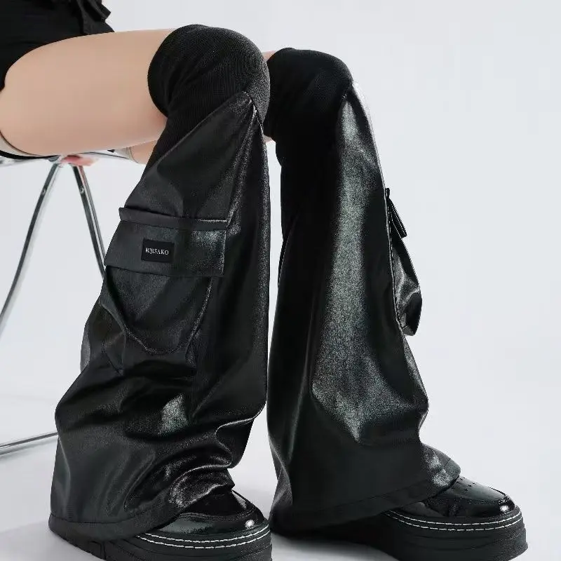 Techwear Y2K Goth Faux PU Leather Leg Warmers Women Cargo Pocket Ribbed Knit Patchwork Flare Over Knee Slouchy Industrial view 6