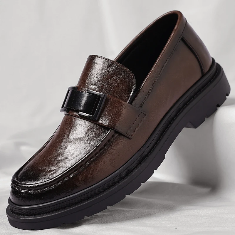 

New Casual Leather Shoes Men's Trendy Business Formal Wear Leather Shoes Slip-on Rubber Office Loafers Soft Bottom Men's Shoes
