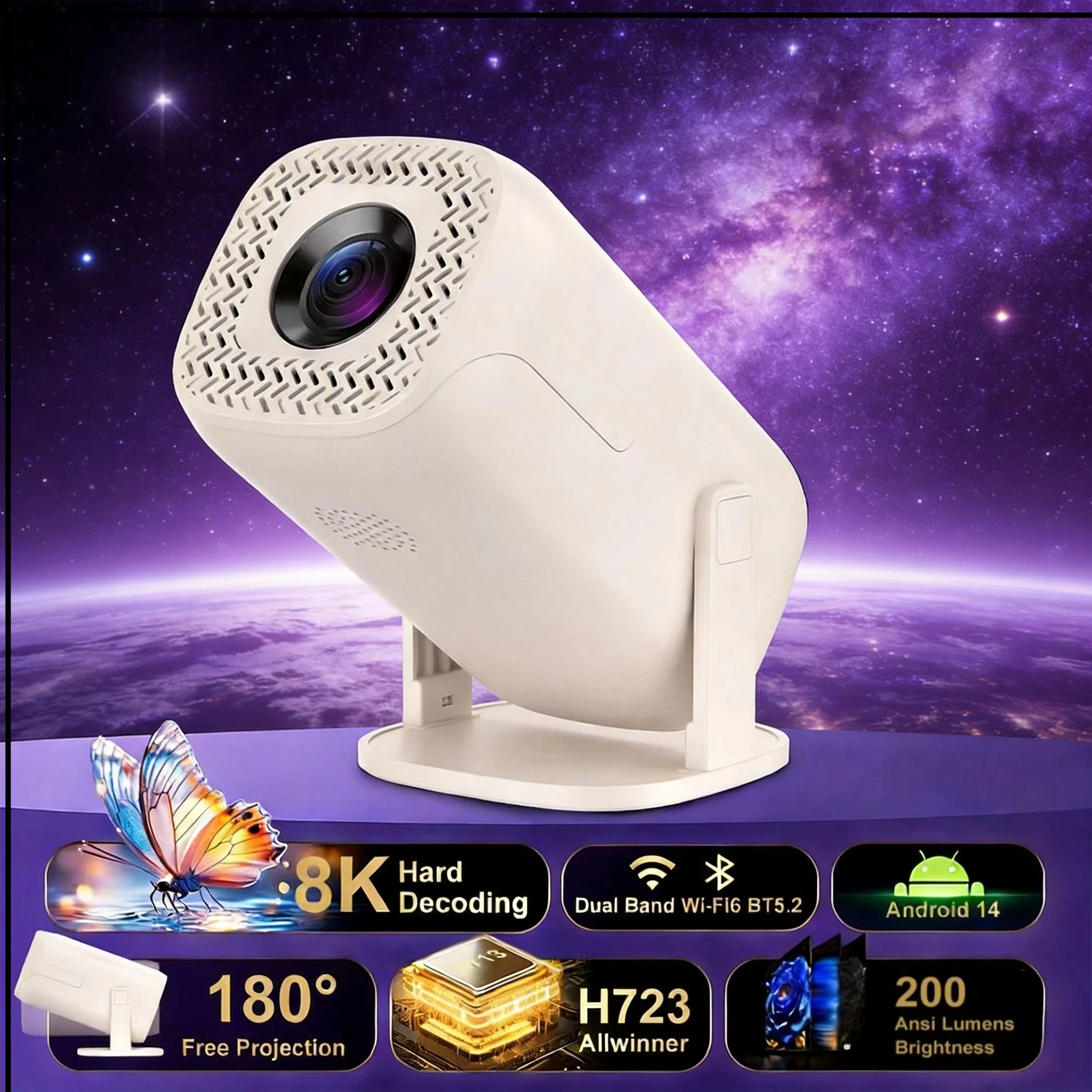

Mini Smart Projector Android 14 Allwinner H723 8K Decoding WiFi6 BT 5.2 Auto Keystone Outdoor Video Home Theater Support HDMI-IN