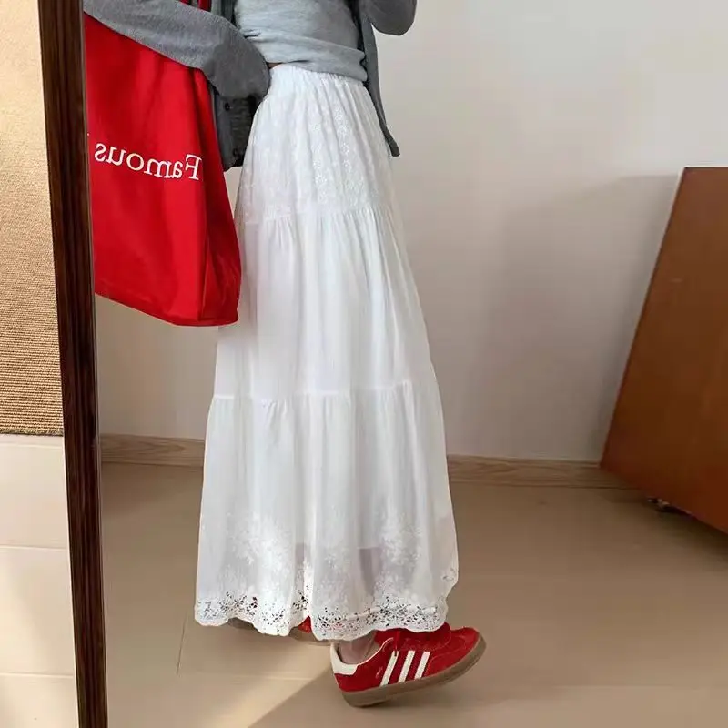 

Women's French Embroidery Floral White Skirt, Korean Style A-line Long Skirt