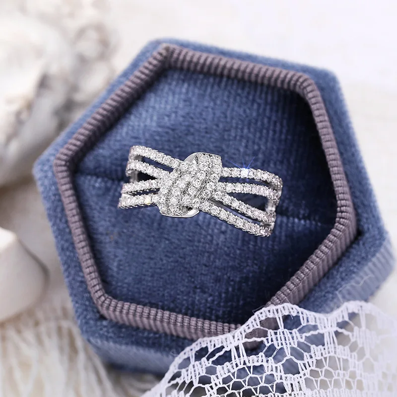 Fashion Engagement 925 Sterling Silver Multi Layer Winding Rings Jewelry Gift Luxury Crystal Interwoven Bows Ring Gifts