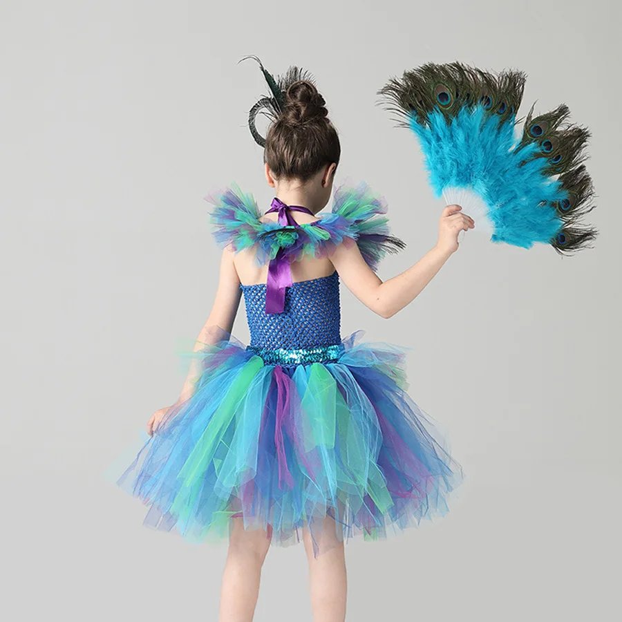 Peacock Enfant Kleid, Pfauenfeder-Cosplay, Karnevalskostüme für Kinder, Halloween, Karneval, Purim, Pfauen-Prinzessinnen-Set – Detail 10