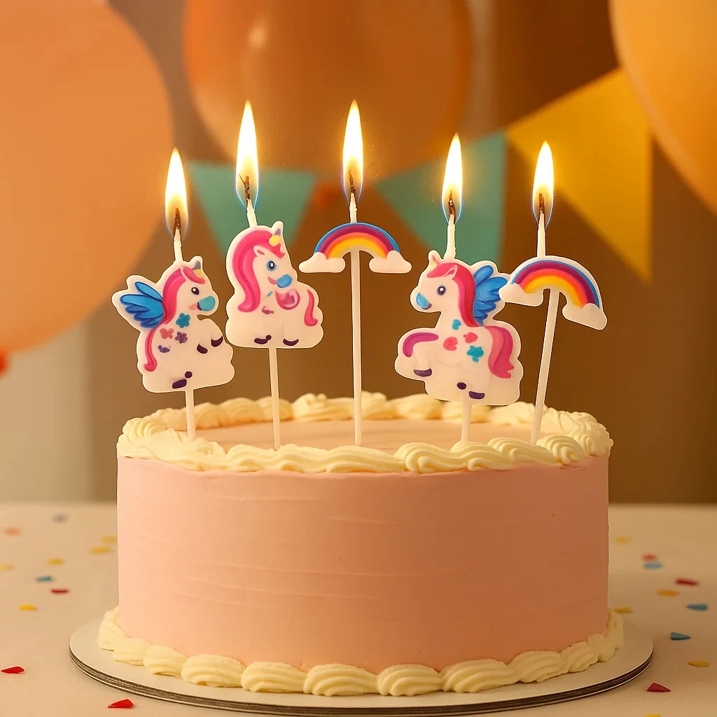 7-teiliges Set Niedliche Regenbogen-Einhorn-Kerzen, Kuchendekoration, Cartoon-Tierkerzen für Kindergeburtstage, Backdekoration – Detail 2