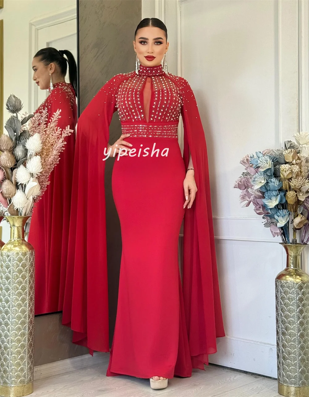 Индивидуальные замысловатые блестящие трикотажные платья со стразами и складками Русалка с высоким воротником Длинные платья на заказ Высокое качество Сексуальные платья