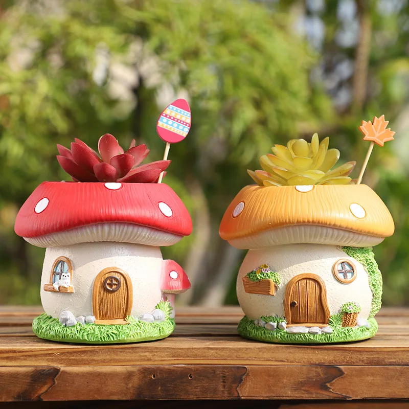 Rustic Style Mushroom House Plant Stand Resin Succulent Flower Pot Desktop Garden Container Patio Creative Flowerpot