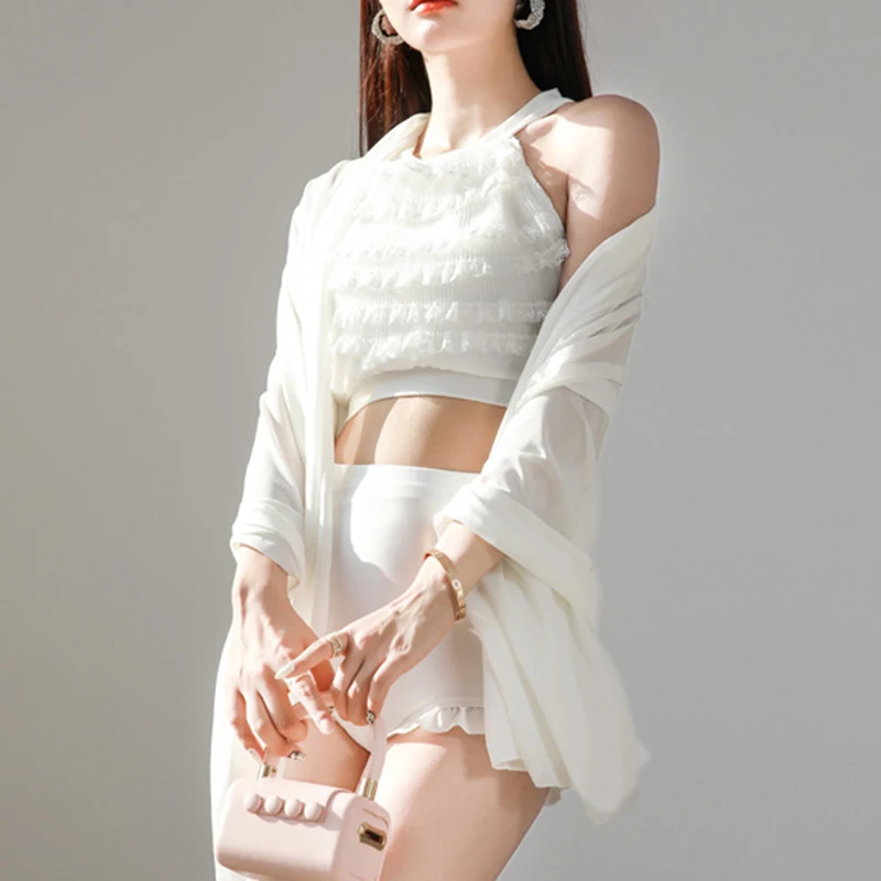 OIINAA Seksowny Strój Kąpielowy Damski Bez Pleców Z Falbankami na Gorące Źródła Czarna Siateczkowa Narzutka Letni Nowy Koreański Zestaw Bikini na Wakacje 2025