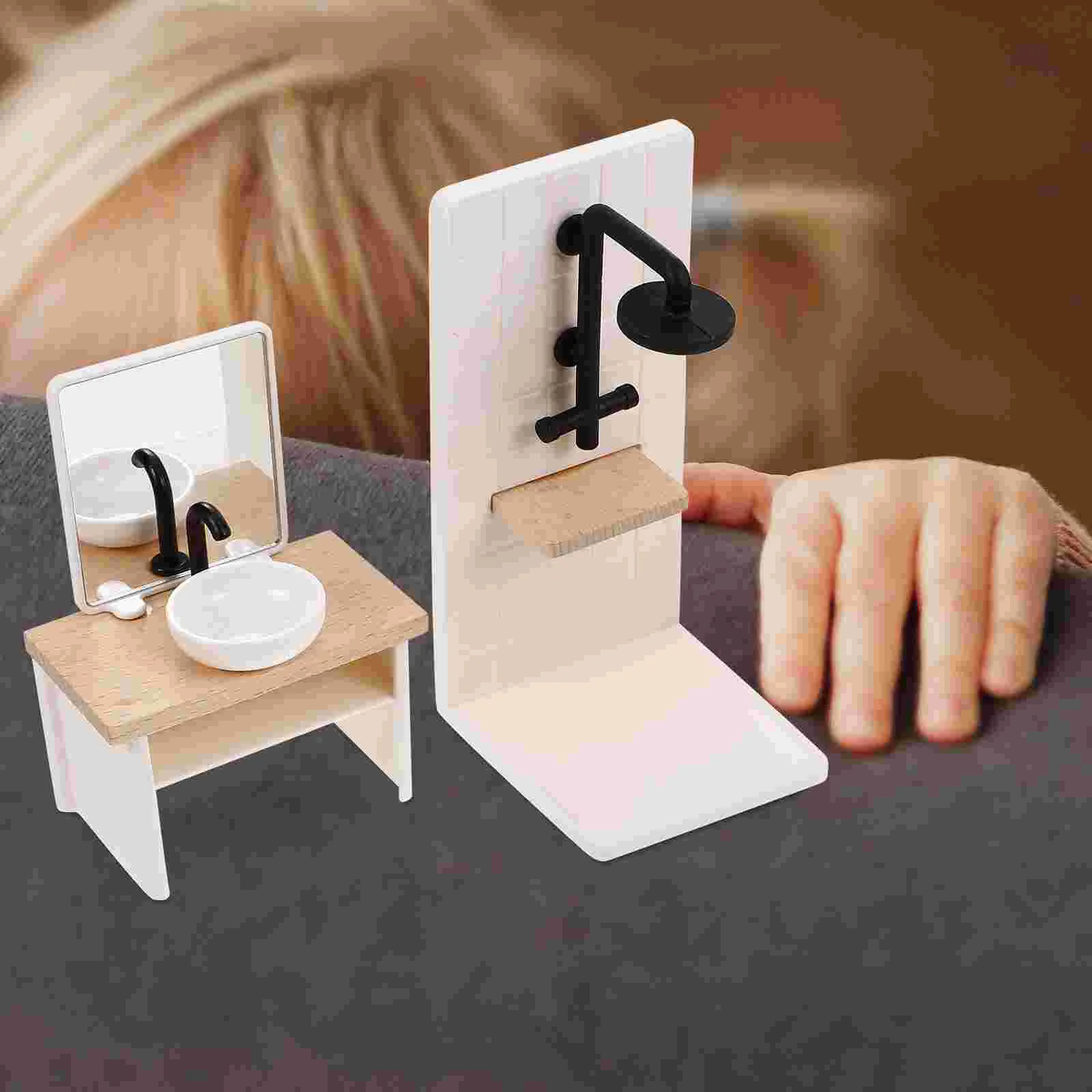 Dollhouse Toilet Toys Mini Shower Room Model Ornament Decorate Bathroom Pretend Play Furniture Wood Miniature Prop Baby