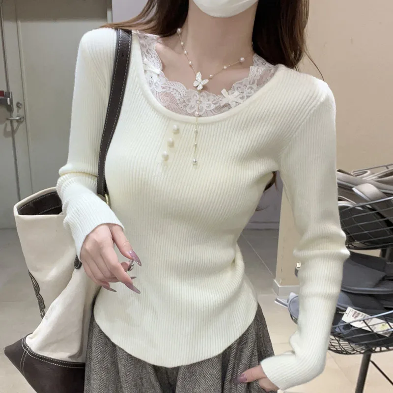 

Свитера с длинным рукавом, вязаный свитер, женские пуловеры Sueter Feminino, новый тонкий кружевной вязаный свитер с круглым вырезом, пуловер, женские топы Q2402