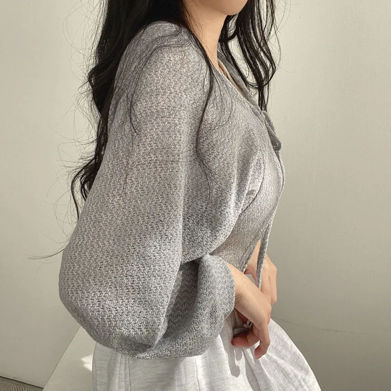 2024 White Knitted Cardigan Women Summer Thin Sunscreen Lace-Up Knitwear Tops Female Korean Style Lantern Sleeve Short Coat