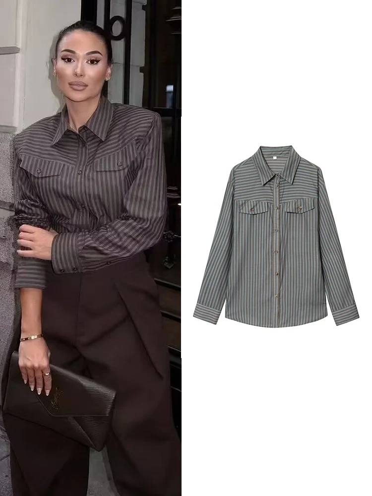 TFMLN новые женские полосатые рубашки для поездок на работу, повседневные рубашки с лацканами и карманами, весенне-осенние модные уличные женские рубашки