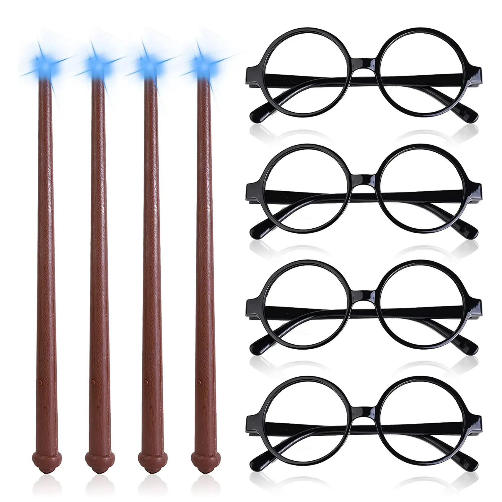 

8 PCS Light-Up Wand Magic Light and Black Frame Glasses Sound Toy Wizard Wands Illuminating Wand for Halloween Party