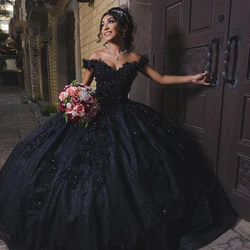 ANGELSBRIDEP-vestidos de quinceañera negros elegantes, vestido de baile con corsé y cuentas, apliques de flores en 3D, vestidos formales de graduación y cumpleaños personalizados