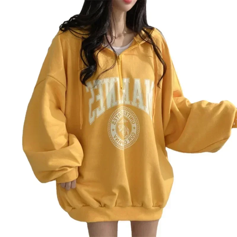 Spring Autumn Korean Harajuku Oversized Zip Up Hoodies Women Fashion Letter Print Casual Loose Sweatshirts Y2k Streetwear Women