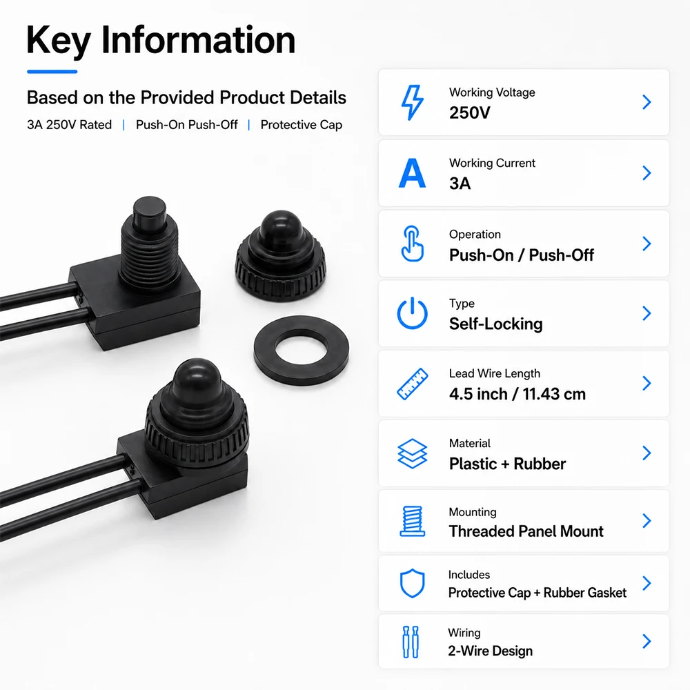 2/5/10Pcs KP107 Waterproof Self-locking Push Button Switch 3A 250V ON-OFF Switch With Wire for Car Motorcycle RV ATV Boat