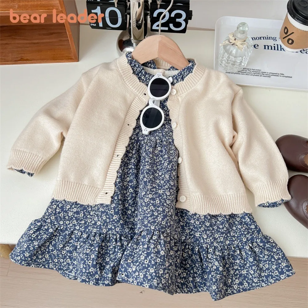 

Bear Leader Spring and Autumn 2025 Korean Version Floral Print Long Sleeved Dress+Knitted Cardigan Jacket Holiday Girls Clothes