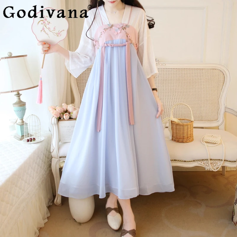 

Plus Size L-5XL Female Chinese Retro Fairy V-neck Cos Dress Exquisite Embroidery Seven-quarter Sleeve Chiffon Loose Long Dresses