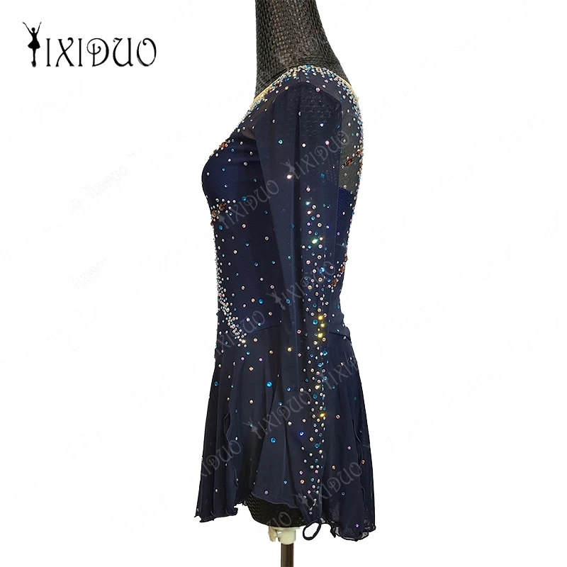 Robe Justaucorps en Maille Bleu Foncé à Manches sulfpour Fille, Tenue de Patinage sur Glace, de brevde Ballet, Strass