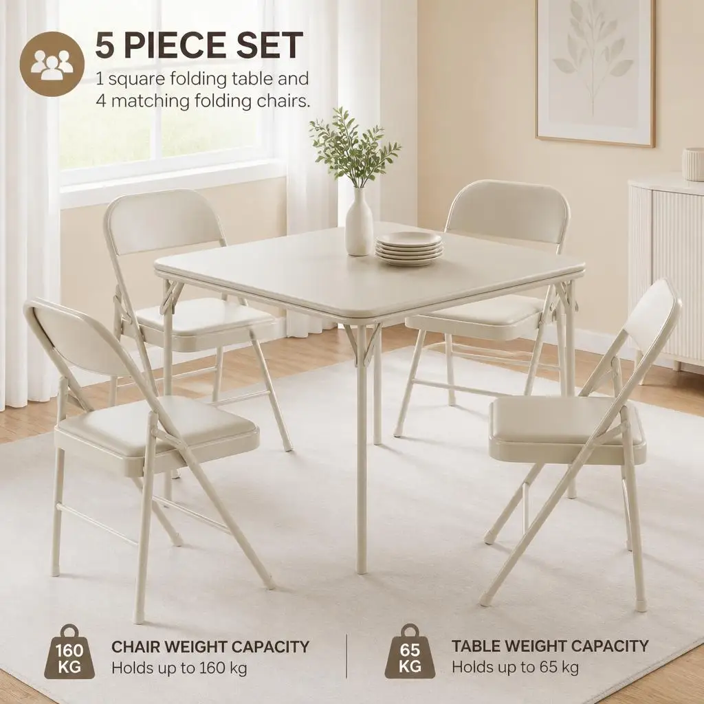5 Piece Folding Dining Table Set for 4, Space Saving Dining Table and Chairs Set with Square Folding Table and 4 Folding Chairs, PU Padded Metal Frame Dining Set for Small Apartment, Kitchen, Living Room, Balcony, Camping, Beige