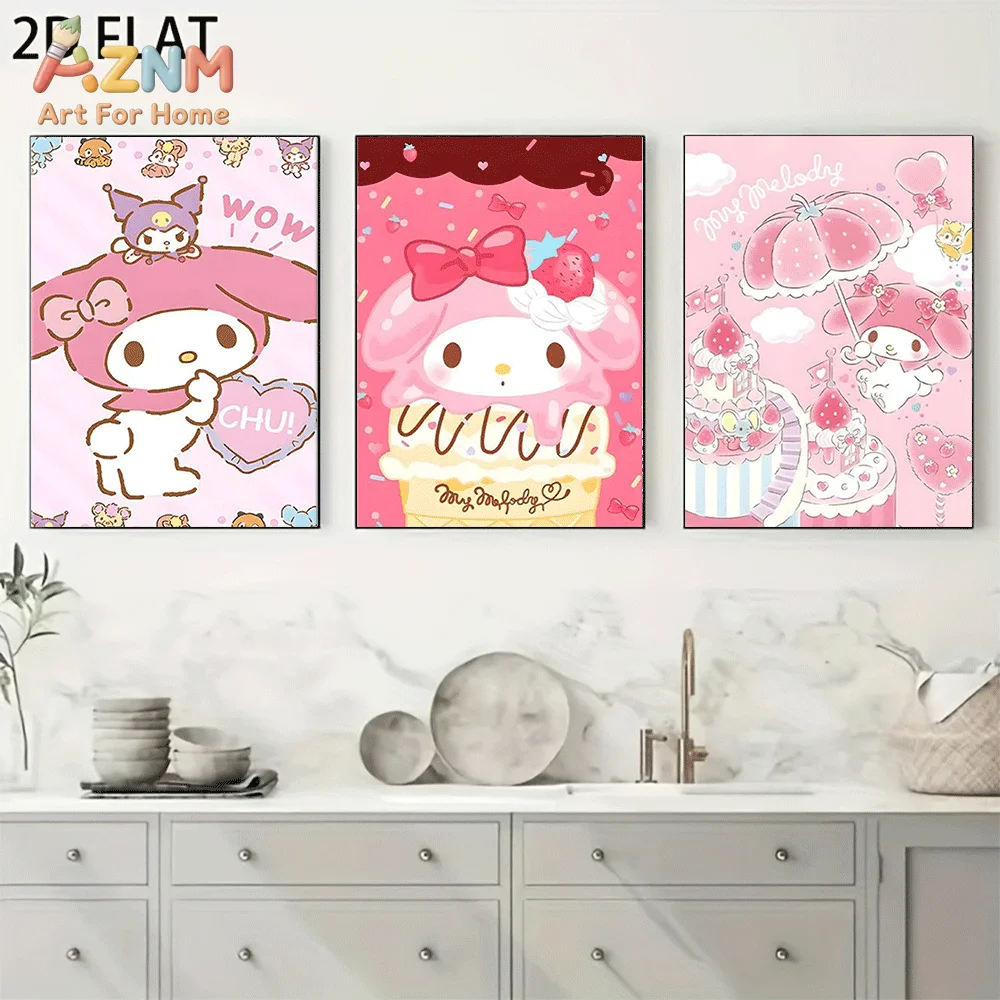 AZNM Sanrio My Melody Canvas Wall Art Unframed Cute Cartoon Ice Cream Cake Sweet Theme Print Painting Girls Bedroom Home Decor P