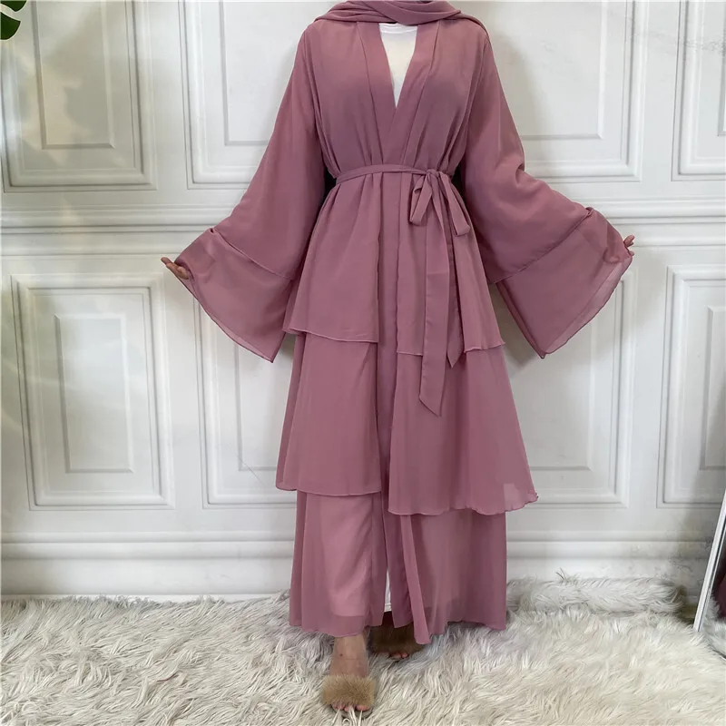 À la mode musulman élégant Abaya islamique polyvalent nouveau trois couches en mousseline de soie Cardigan Robe 1896 Ramadan dubaï luxe Islam élégant