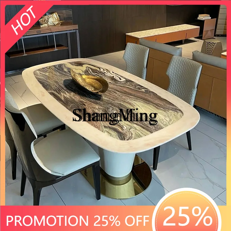 FG good-looking  light luxury high-end marble dining table high-end luxury villa home stainless steel dining table